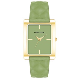 Womens Three Hand Quartz Rectangular Gold-Tone Alloy and Green Genuine Leather Strap Watch 32mm