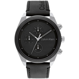 Mens Multifunction Black Leather Strap Watch 44mm