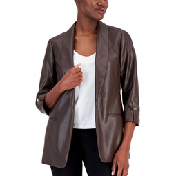 Womens Faux-Leather 3/4-Sleeve Blazer