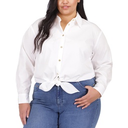 Plus Size Tie-Waist Cotton Button-Up Shirt