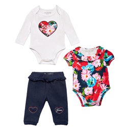 Baby Girls Floral Bodysuits and Knit Denim Joggers 3 Piece Set