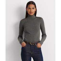 Womens Faux Leather Trim Ribbed Turtleneck