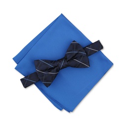 Mens Canfield Grid Bow Tie & Solid Pocket Square Set