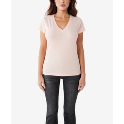Womens Short Sleeve Crystal Script Slim V-neck T-shirt