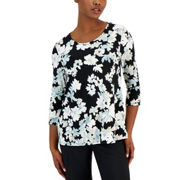 Petite Floral Ruched-Sleeve Top
