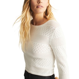Womens Crewneck Long-Sleeve Cropped Pointelle-Stitch Top