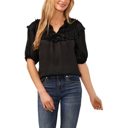 Womens Short Sleeve Shirred Yoke Top with Self Neck Tie