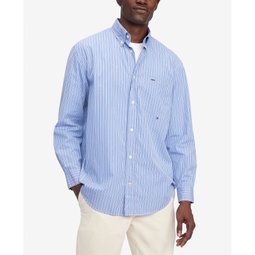 Mens Classic Fit Long-Sleeve Button-Down Striped Poplin Shirt
