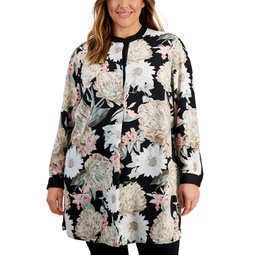 Plus Size Floral Long-Sleeve Nehru Tunic