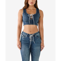 Womens Crystal Lace Up Denim Bra Top