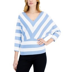 Womens Striped 3/4-Sleeve V-Neck Sweater