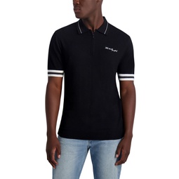 Mens Contrasting Color Sleeves and Signature Logo Sweater Polo Shirt