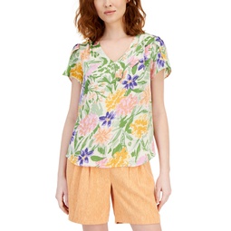 Womens Floral-Print Tulip-Sleeve V-Neck Top