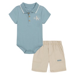 Baby Boys Short Sleeve Tipped Polo Bodysuit and Canvas Shorts 2 Piece Set