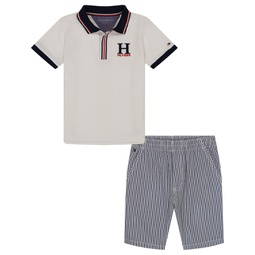 Baby Boys Tipped H Polo Shirt and Vertical Stripe Shorts 2 Piece Set
