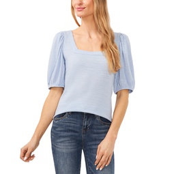 Womens Short Puff Sleeve Square Neck Knit Top