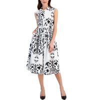 Womens Printed Fit & Flare Belted Midi Dress