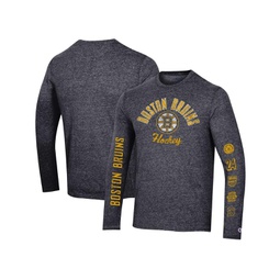 Mens Heather Black Distressed Boston Bruins Multi-Logo Tri-Blend Long Sleeve T-shirt