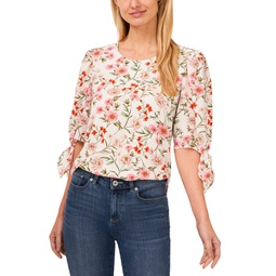 Womens Floral-Print Tie 3/4-Sleeve Crew Neck Blouse