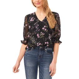 Womens Floral 3/4-Sleeve Ruffled V-Neck Blouse