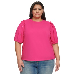 Womens Plus Size Embellished Puff Sleeve Top First@Macy's