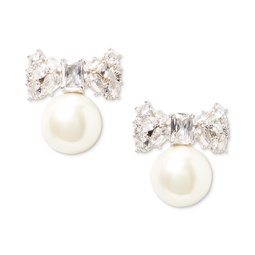 Silver-Tone Cubic Zirconia Bow & Imitation Pearl Statement Stud Earrings