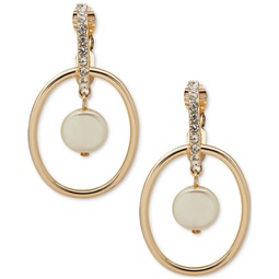 Gold-Tone Pave & Imitation Pearl Disc Orbital Clip-On Drop Earrings
