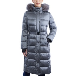 Womens Shine Belted Faux-Fur-Trim Hooded Puffer Coat