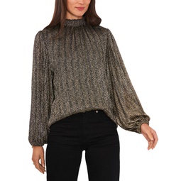 Womens Smocked Neck Puff-Sleeve Top