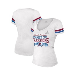 Womens Threads White Colorado Avalanche 2022 Stanley Cup Champions Striped V-Neck T-shirt