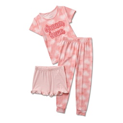 Little Big Girls 3-Piece Pajama Set with Glitter Long Sleeve Top Shorts and Joggers