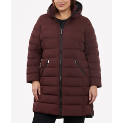 Womens Plus Size Hooded Faux-Leather-Trim Puffer Coat