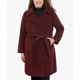 Womens Plus Size Belted Notched-Collar Wrap Coat