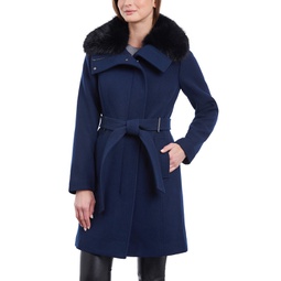 Womens Petite Belted Faux-Fur-Collar Coat