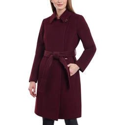 Womens Petite Belted Notched-Collar Wrap Coat