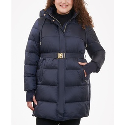 Womens Plus Size Hooded Belted Puffer Coat