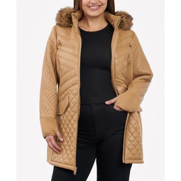 Womens Plus Size Faux-Fur-Trim Hooded Quilted Coat