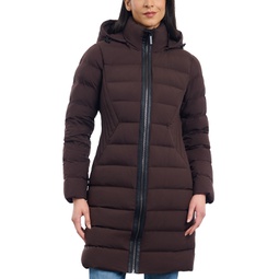 Womens Hooded Faux-Leather-Trim Puffer Coat