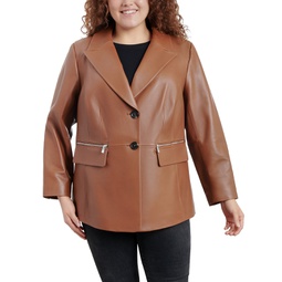 Womens Plus Size Zip-Pocket Leather Blazer Coat