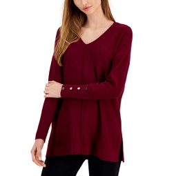 Womens Seamed-Front Button-Cuff V-Neck Sweater