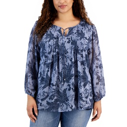 Plus Size Printed Pintuck Tie-Neck Blouse
