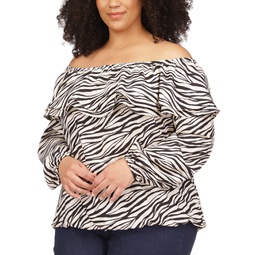 Plus Size Tiger-Print Ruffled Cold Shoulder Top