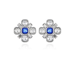 Silver-Tone Blue And Clear Glass Stone Flower Clip-On Earrings