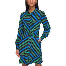 Womens Geometric Stripe Print Silky Crepe Shirt Dress