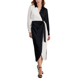 Womens Long-Sleeve Faux-Wrap Midi Dress