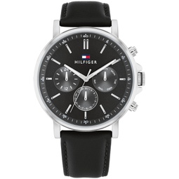 Mens Multifunction Black Leather Watch 43mm