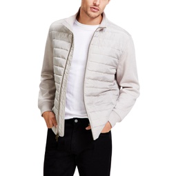 Mens Mixed-Media Quilted Full-Zip Bomber Jacket