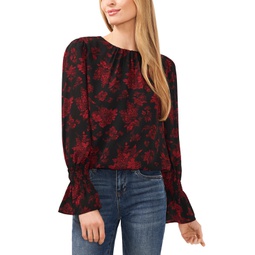 Womens Floral Print Crew Neck Long Sleeve Smocked Cuff Blouse