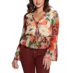 Womens Demi Printed Lace-Up Peplum Top