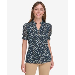 Womens Ruffled-Neck Ditsy Floral Blouse